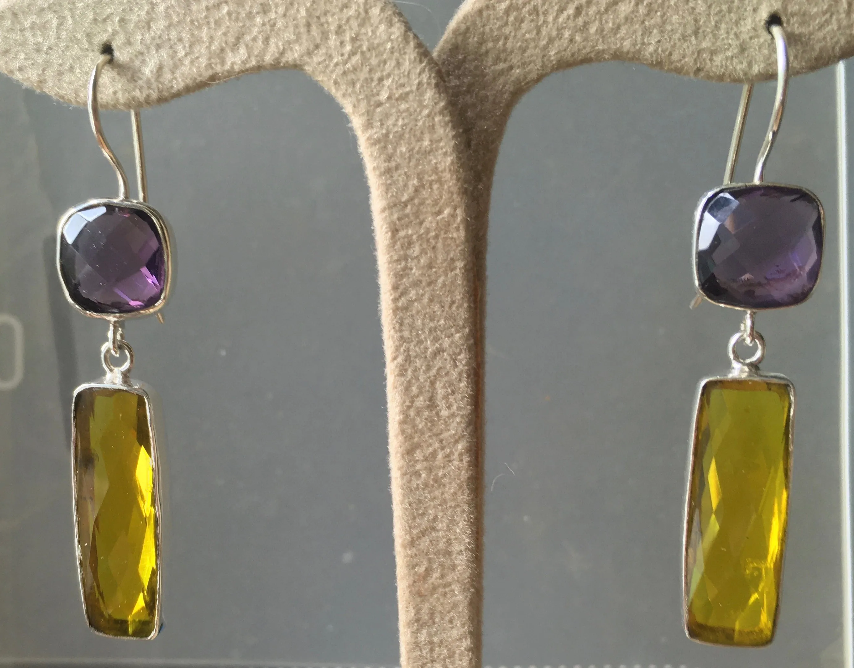'Treasure Chest' 14ct gold vermeil on 925 Silver faceted Amethyst & Lemon Quartz baguette double drop dangly statement earrings