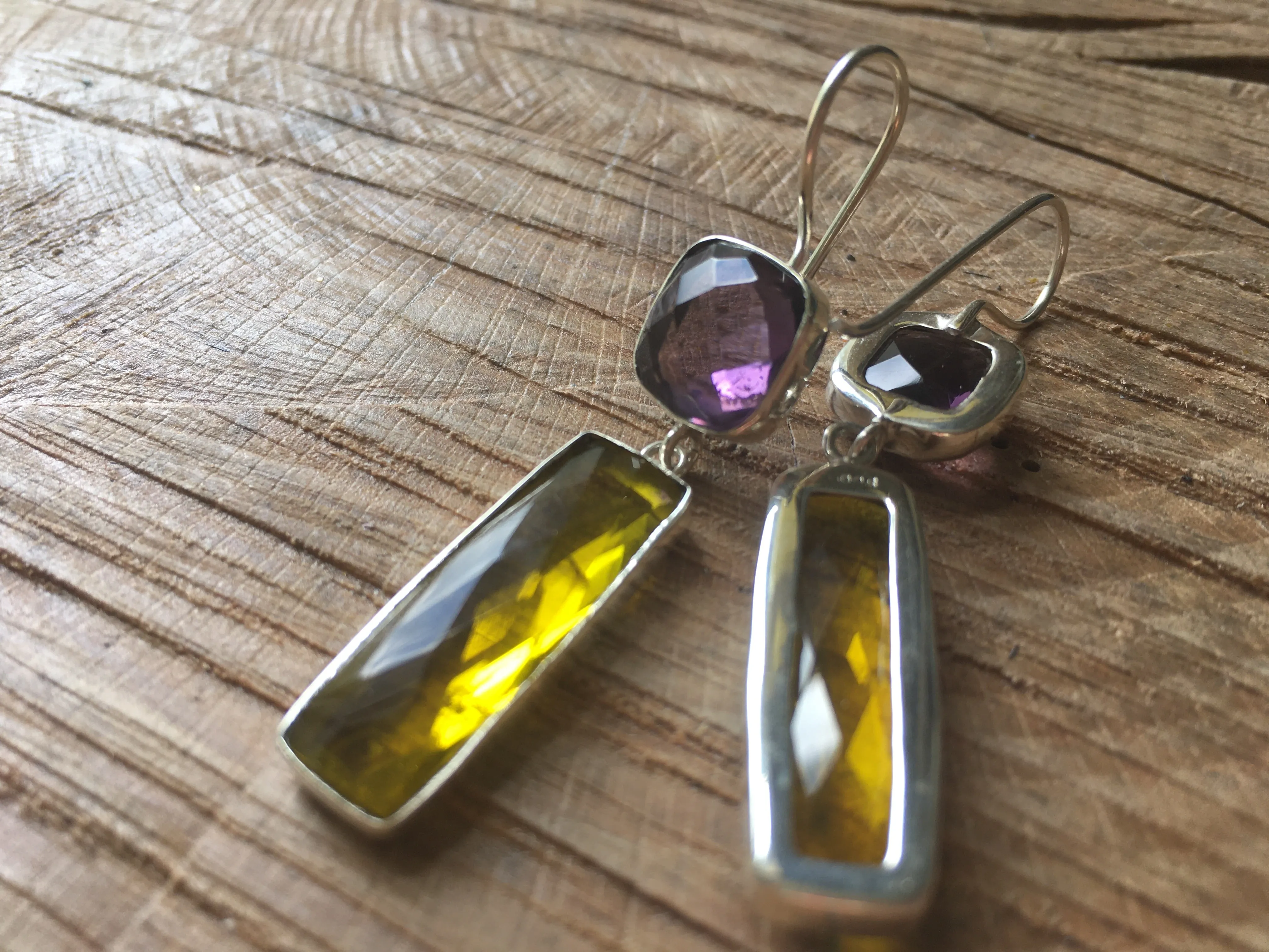 'Treasure Chest' 14ct gold vermeil on 925 Silver faceted Amethyst & Lemon Quartz baguette double drop dangly statement earrings