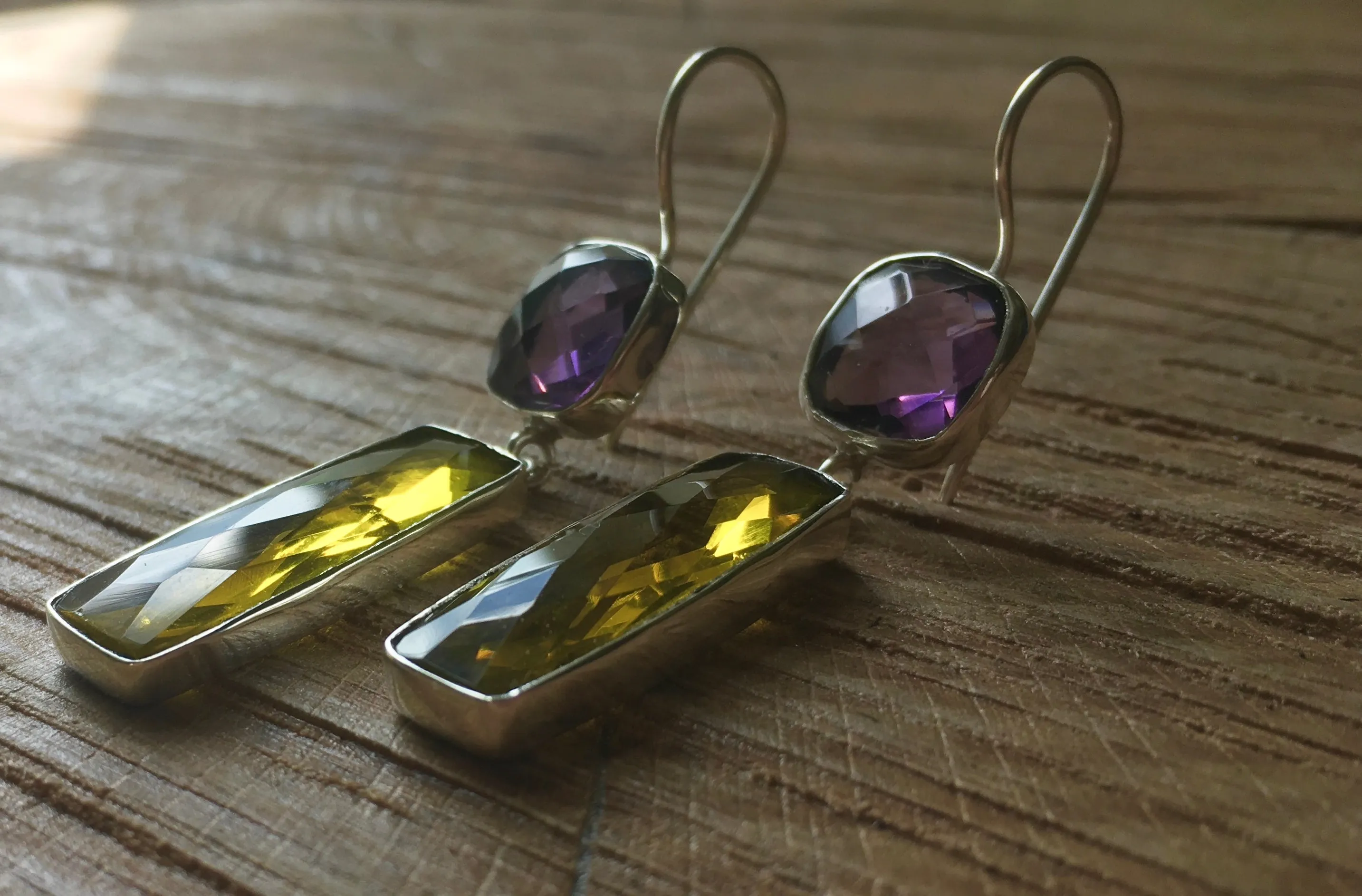 'Treasure Chest' 14ct gold vermeil on 925 Silver faceted Amethyst & Lemon Quartz baguette double drop dangly statement earrings