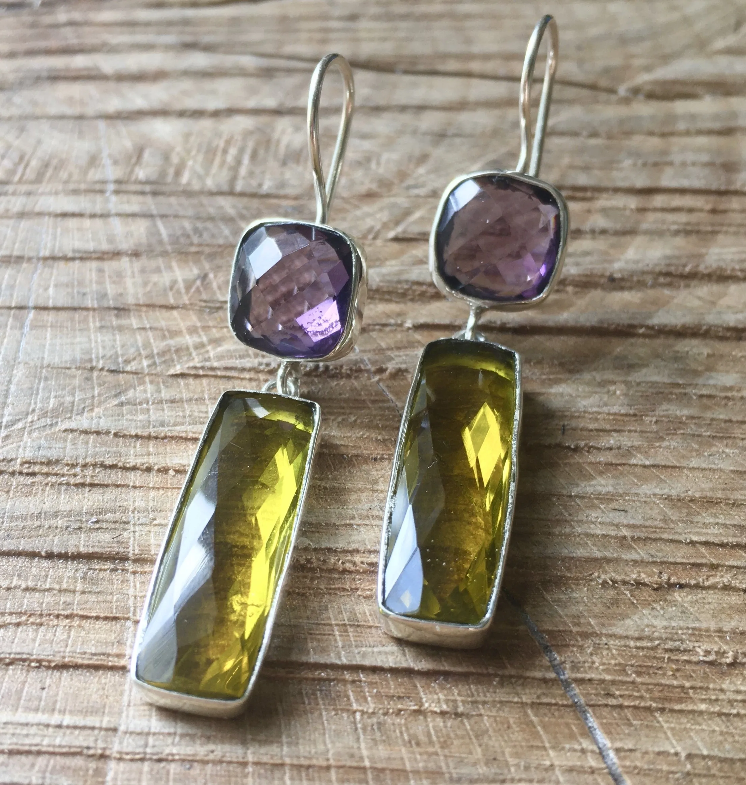 'Treasure Chest' 14ct gold vermeil on 925 Silver faceted Amethyst & Lemon Quartz baguette double drop dangly statement earrings
