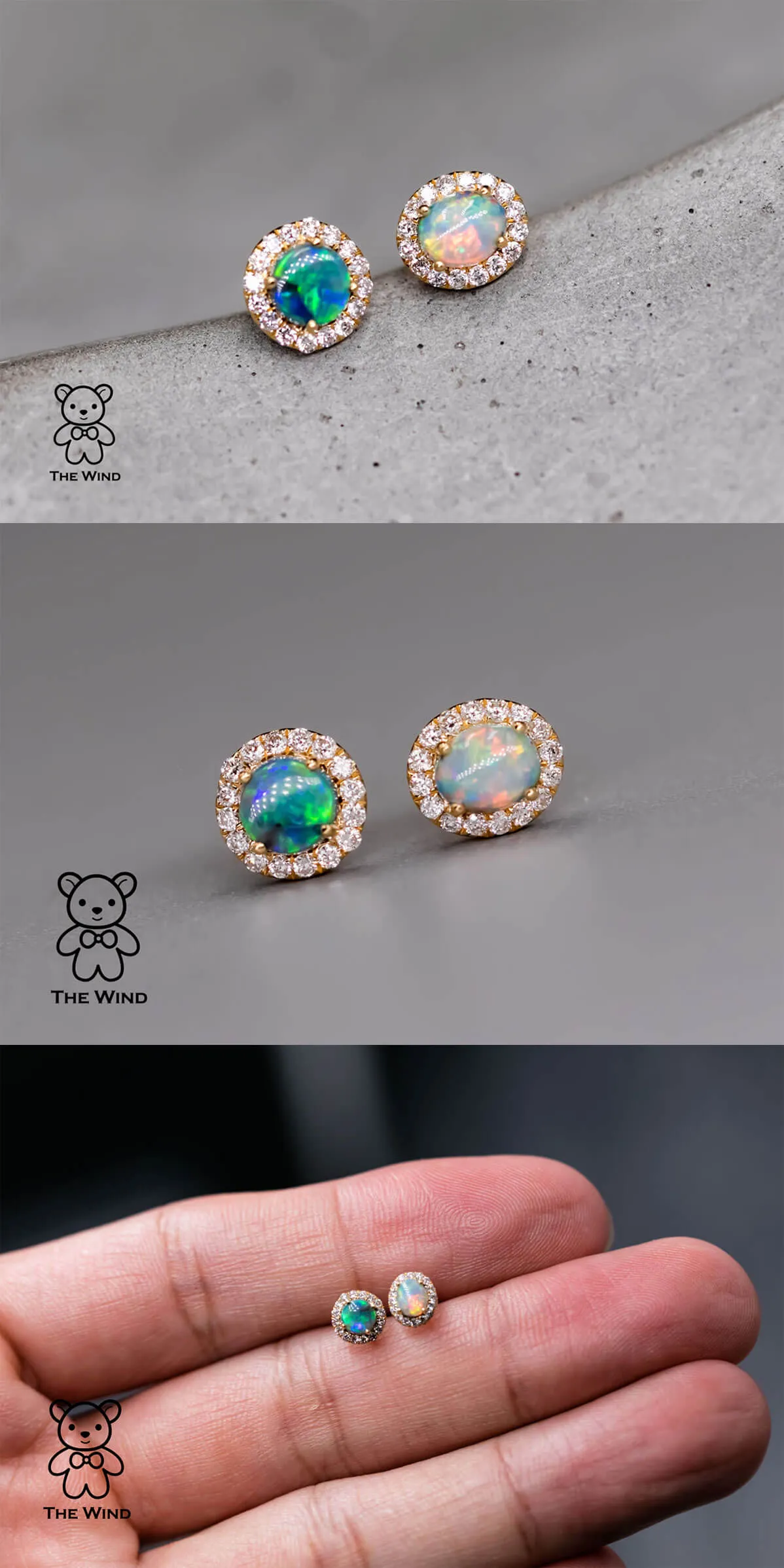 Two Tone Australian Black Opal Diamond Halo Stud Earrings 18K Yellow Gold