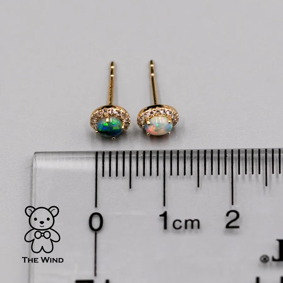 Two Tone Australian Black Opal Diamond Halo Stud Earrings 18K Yellow Gold
