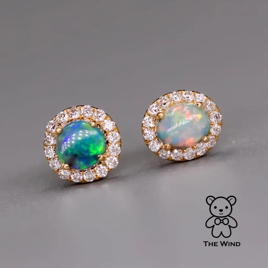 Two Tone Australian Black Opal Diamond Halo Stud Earrings 18K Yellow Gold