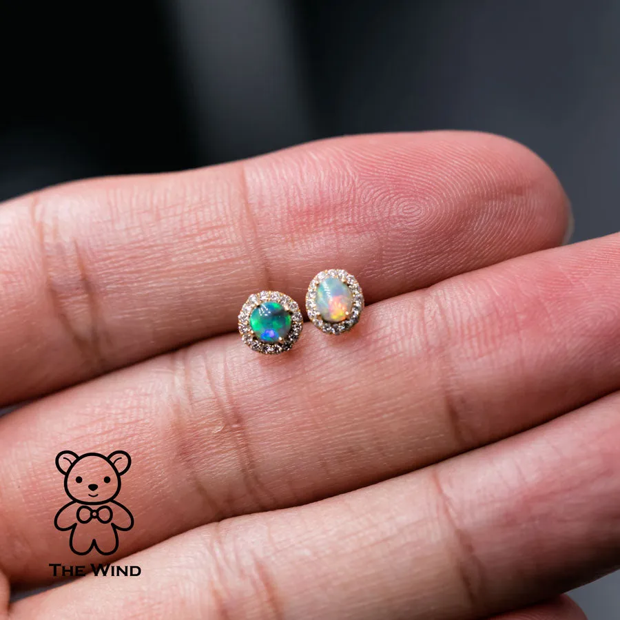 Two Tone Australian Black Opal Diamond Halo Stud Earrings 18K Yellow Gold